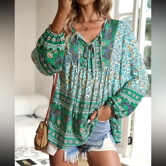 Boho floral print tie neck blouse - Picture 6 of 6